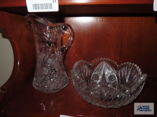 Pressed glass pitcher and cut glass bowl