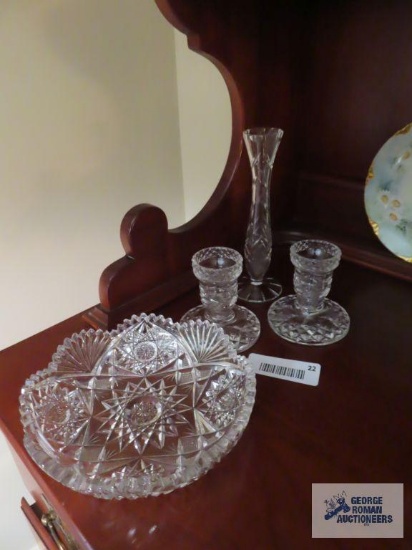 Pair of Waterford candlesticks. Waterford vase. Cut glass bowl.