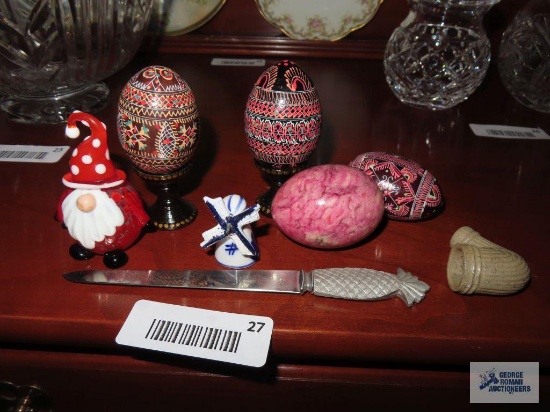 Marble egg, Sheffield England letter opener, clay pipe end, hand blown glass figurine salt or pepper