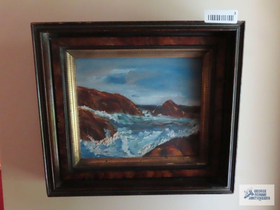 Oil on board painted by Nora Reed Smith. Frame has chips and there are small holes in corners of