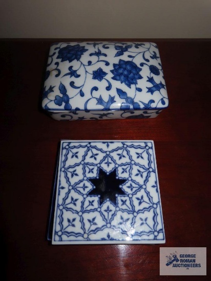 Decorative tile coasters and ceramic card box with playing cards. made in Japan
