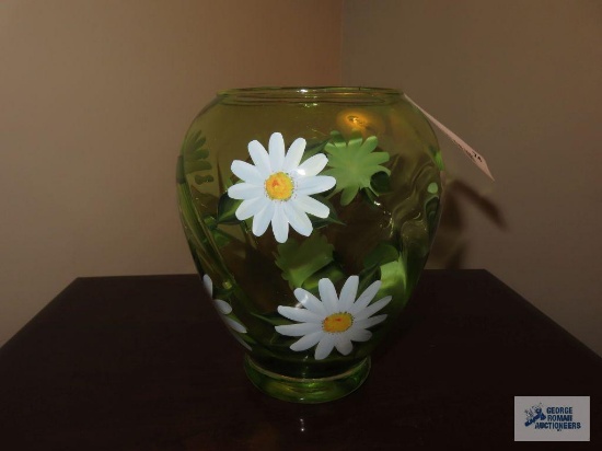 Hand painted daisies green vase
