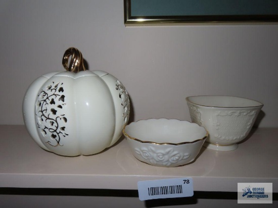 Lenox cutout pumpkin votive and two small Lenox bowls