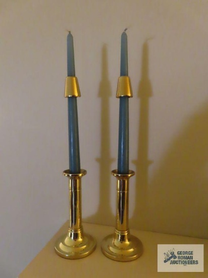 Baldwin brass candlesticks with wax catchers and candles