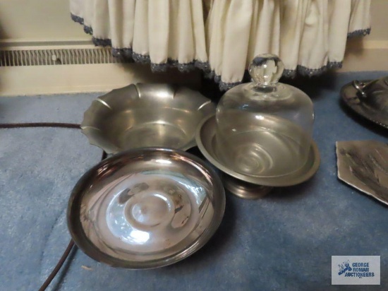 International pewter server. Plymouth pewter bowl. Silverplate candle holder.