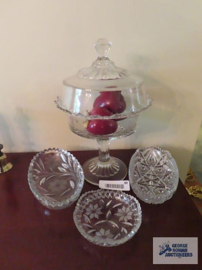 Glass candy dishes and glass covered fruit bowl with glass and plastic fruit