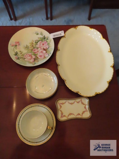 Haviland Limoge gold rimmed serving platter, floral hand painted plate, Austria footed dish,