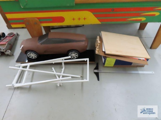 Car sculpture / model with easel frame and other drafting supply items. Frame will need hardware.