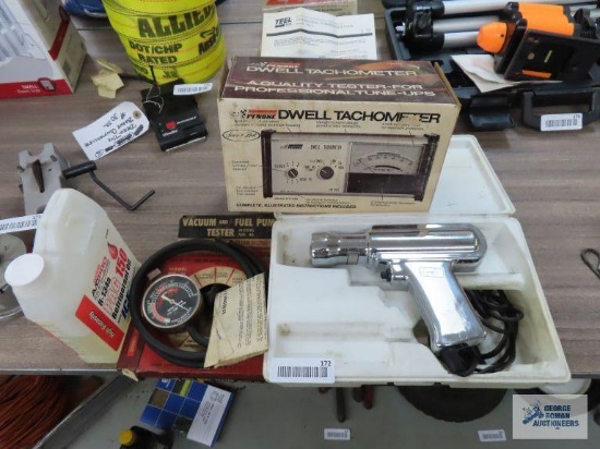 Penske dwell tachometer with box, Gilbert Davis vacuum and fuel pump tester number 36, Kal equipment