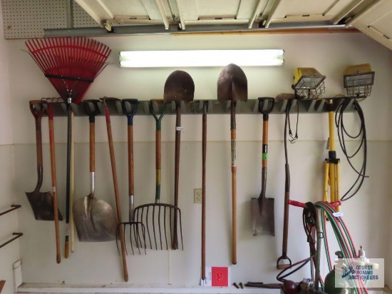 Large lot of yard and garden tools and portable halogen light