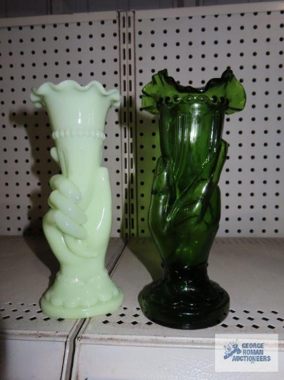 Green glass hand held vases