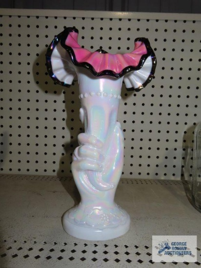Black rose iridescent glass hand vase