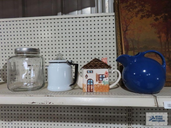 Porcelain coffee pot, decorative teapot, glass jar, and Hall blue pitcher