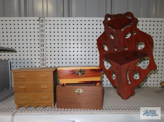Assorted wood boxes and wall shelf