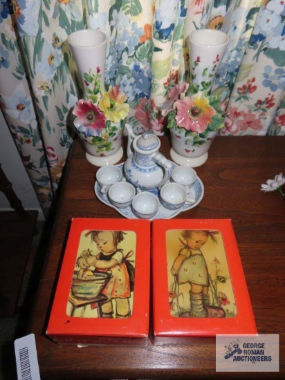 Made in Western Germany Hummel music boxes, floral vases, and small teapot and cups on tray