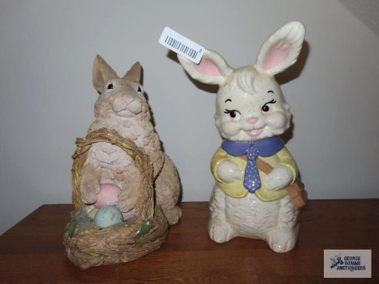 Cement rabbit with basket figurine. The United Design Corp. The Easter Rabbit figurine, heavy.