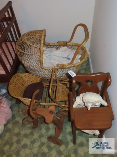 Rattan baby doll carriage and car, wooden tricycle, and high chair. Dehetre Originals doll.