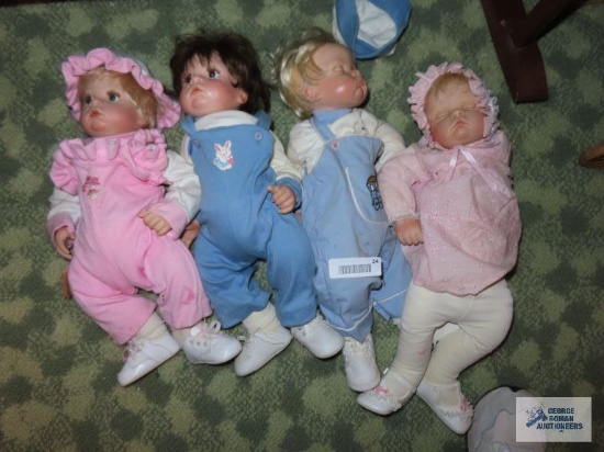 Boots Tyner Original Gumdrop boy and girl dolls, Sugar Britches doll, and boy doll with train on