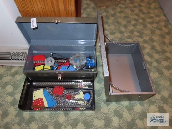 Erector set in metal toolbox and metal lockbox, no key