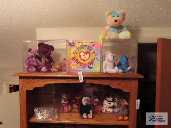 Two shelves of TY Beanie Babies in plastic cases