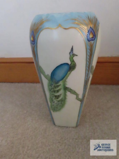 Rosenthal peacock on white background four sided vase, 1920s