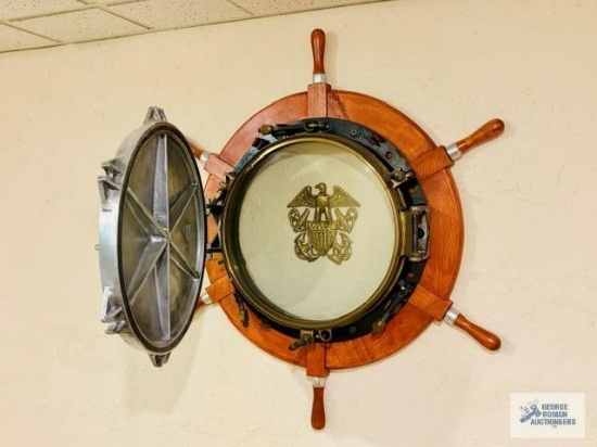 Battleship 20" solid brass port hole with cast aluminum hinged battle cover. Complete all new parts.