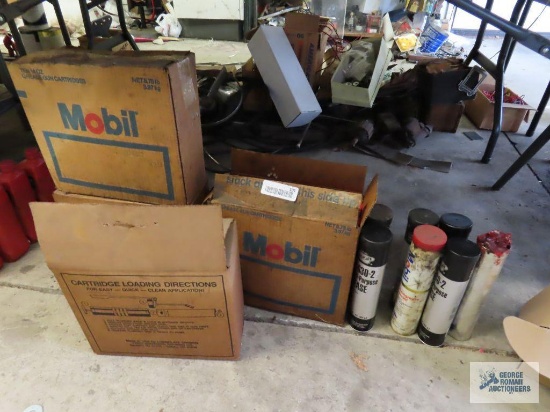 Large assortment of grease cartridges including lubricate number 630-2 and Mobil