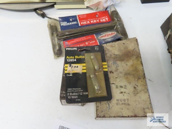 Hex key set, automotive bulbs, other assorted hex key sets, and drill bit case