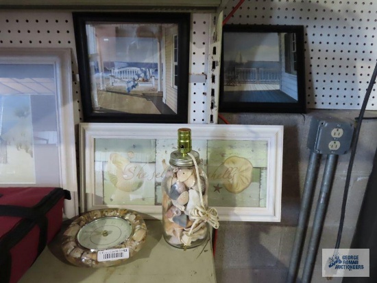 Beach and seashell prints, seashell lamp, and clock