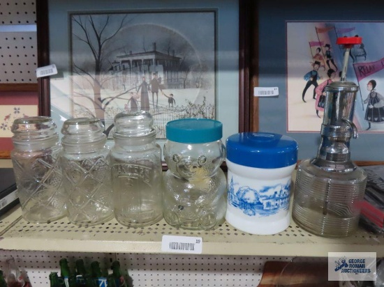Planter's Peanut jar, Skippy peanut butter bear jar. Vintage pump dispenser, milk glass canister,