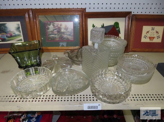 Glass decanter, juicer, serving bowls, plates, and green glass vase