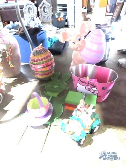 Ceramic Easter bunny, Hello Kitty pail, Easter basket and other Easter decorations
