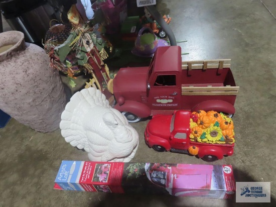 Small vintage truck decorations, scarecrow decoration, ceramic turkey, and paint by number kit