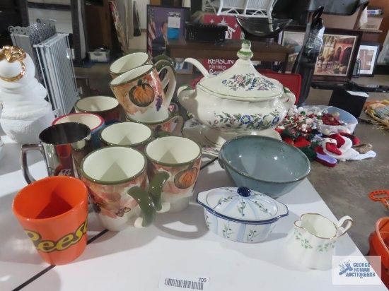 Soup tureen, pottery bowl, small creamer by Royal Tara, pumpkin mugs Reese mug