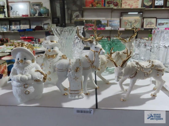 Ceramic snowman and reindeer and glass reindeer