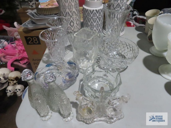 Glass vases, bowls, crystal vases, salt and pepper shakers, and oil and vinegar cruets