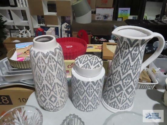 Ceramic gray and white pitcher, urn, and vase