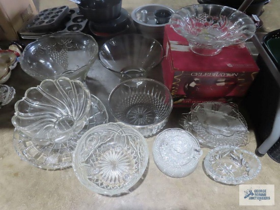 Indiana glass celebration punch bowl, grape motif punch bowl, glass serving bowls, plates, creamer.