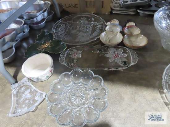 Egg plate, Christmas glass serving pieces, holly tidbit tray, snowman serving dishes