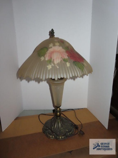 Brass and glass lamp with reverse painted shade by Carol, lamp is 25", shade is 10"x16".