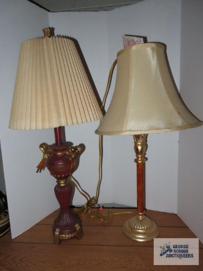 Palm leaf resin and wood lamp, approximately 28". Resin lamp, approximately 29".