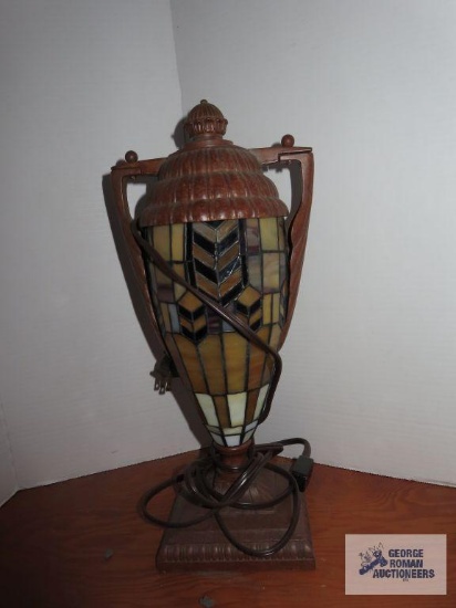 Metal and geometric stained glass trophy lamp, approximately 16"x7".
