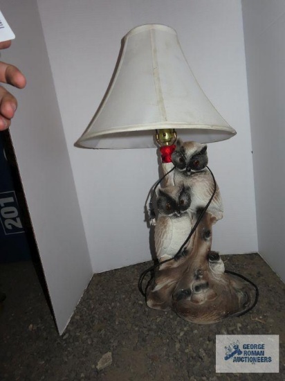 Plaster owl lamp with red plastic beads and white shade approximately 27".