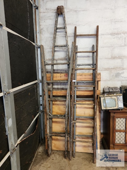Large variety of wooden ladders including 6', 8', 22' extension ladder, painters ladder and other