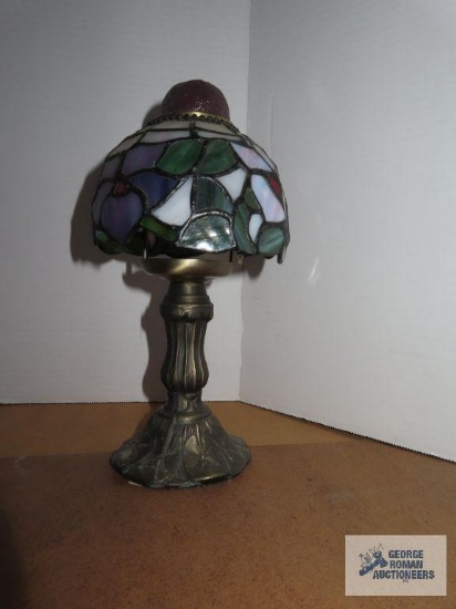 Metal base candle holder with plastic shade, lamp is approximately 9", shade base is 5".
