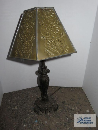 Metal base lamp with tin punch shade, approximately 19".