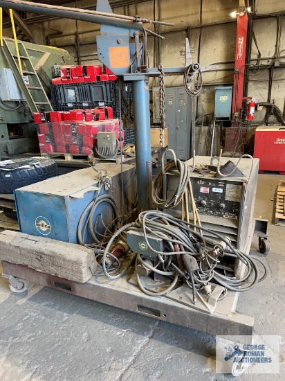 Lincoln Idealarc R3R-500 three-phase boom welder with wire feed, Miller RCDW-4 remote control,