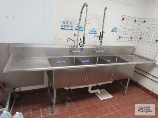 Three bay stainless steel sink made by BK Resources. Model number BKS-3-24-14-24 TS. Includes two