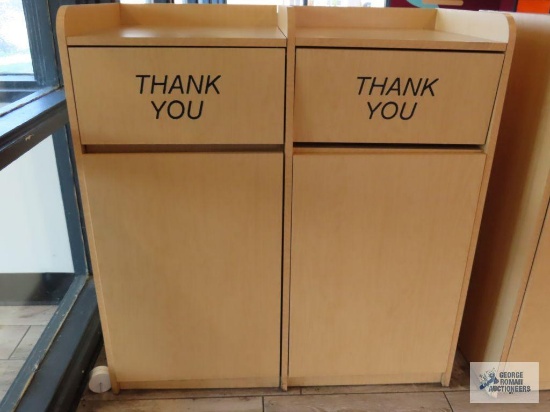 Formica double wastebasket receptacle/tray stand. Includes two wastebaskets with rollers.