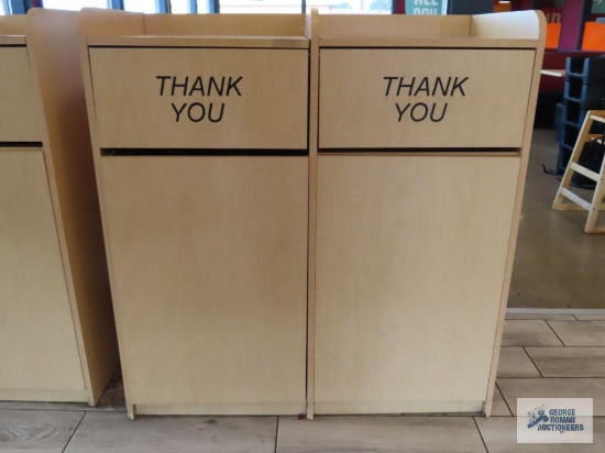 Formica double wastebasket receptacle/tray stand. Includes two wastebaskets with rollers.